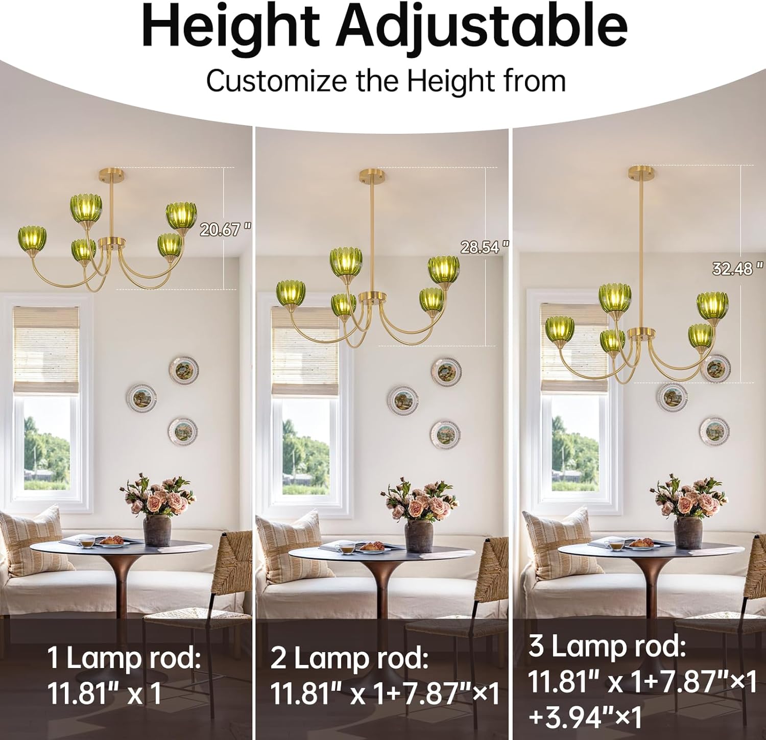 30.31" Brass Gold Chandelier, 5-Light Chandelier Light with Green Tulip Glass Lampshade, Height Adjustable Vintage Chandeliers for Dining Room Living Room Kitchen Island