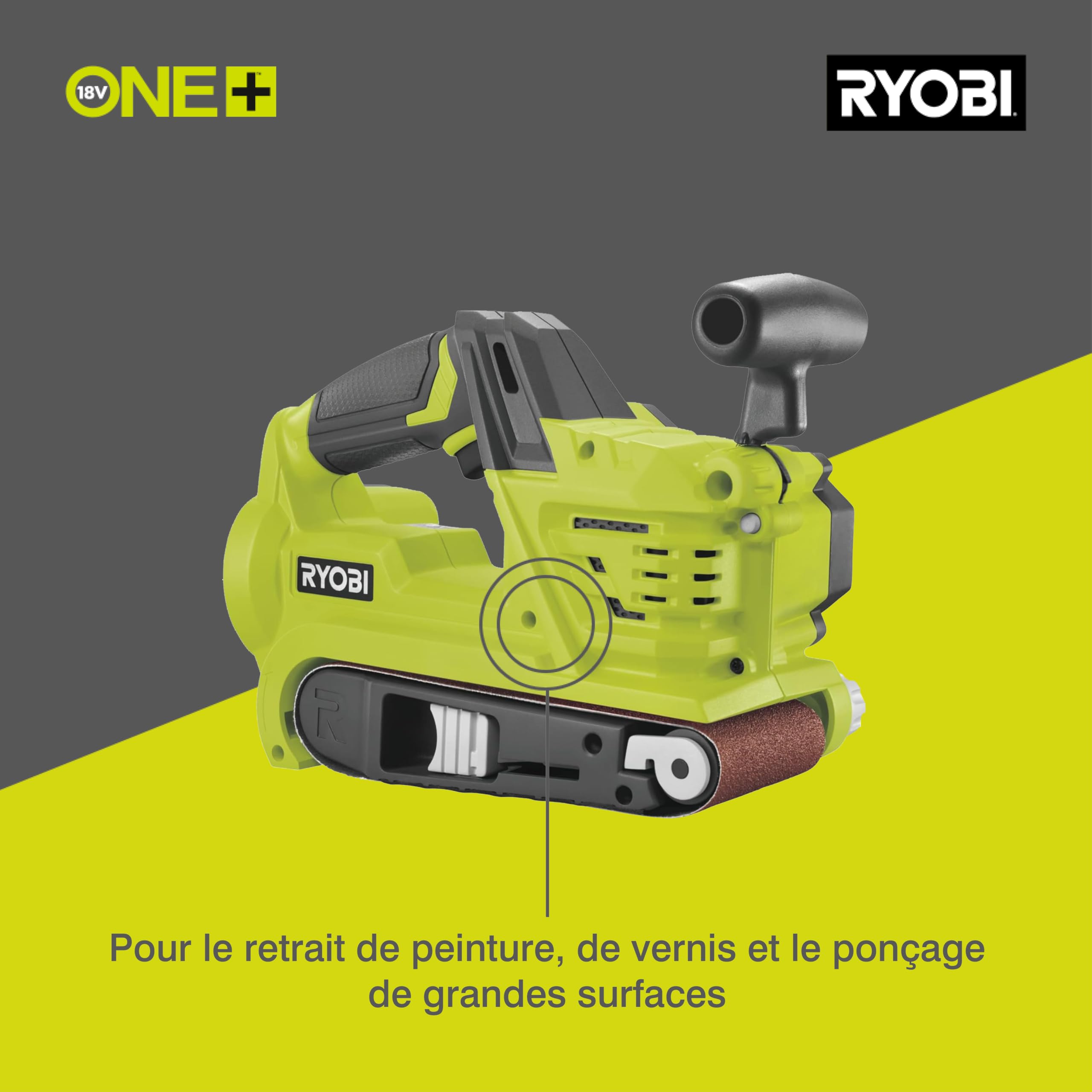 RYOBI - Ponceuse à Bande Sans Fil 18V ONE+ R18BS-0 – Bande 76x457 mm, Variateur Vitesse, Collecteur de Poussière – Parfaite Pour Bois, Meubles, Travaux Intensifs