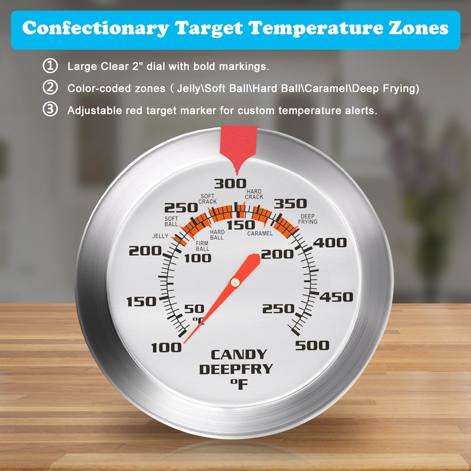 Stainless Steel Candy Thermometer with Pot Clip Deep Fry Oil Thermometer with 9" Long Probe & 2" Dial Accurate Temperature Reading for Cooking Candy Sugar Jelly Syrup Deep Frying Thermometer - Image 3