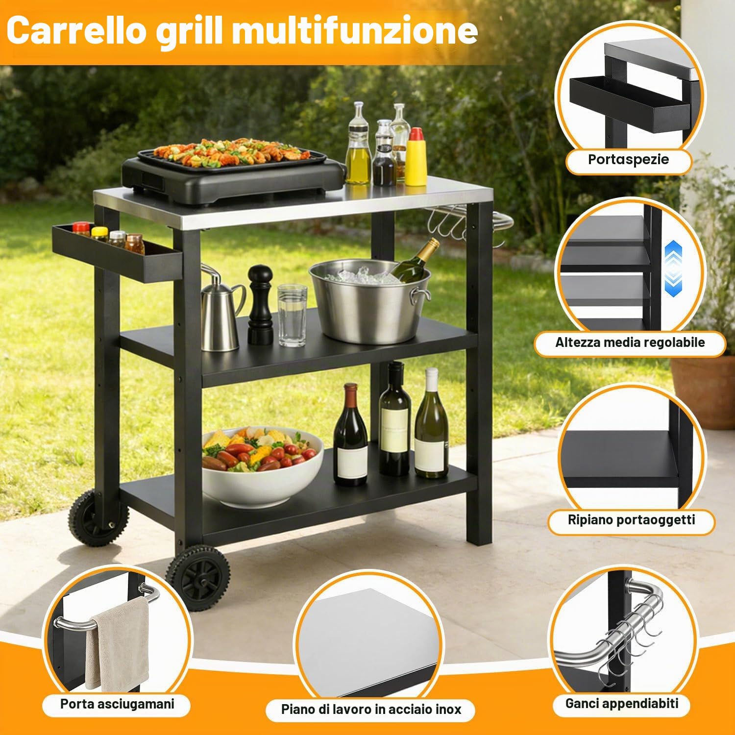 Carrello per Barbecue Regolabile in Altezza, Tavolo da Barbecue con 3 Ripiani, 6 Ganci, Maniglia & Portaspezie, Carrello da Servizio con Ruote per Cucina all'aperto, Piano in Acciaio Inox per