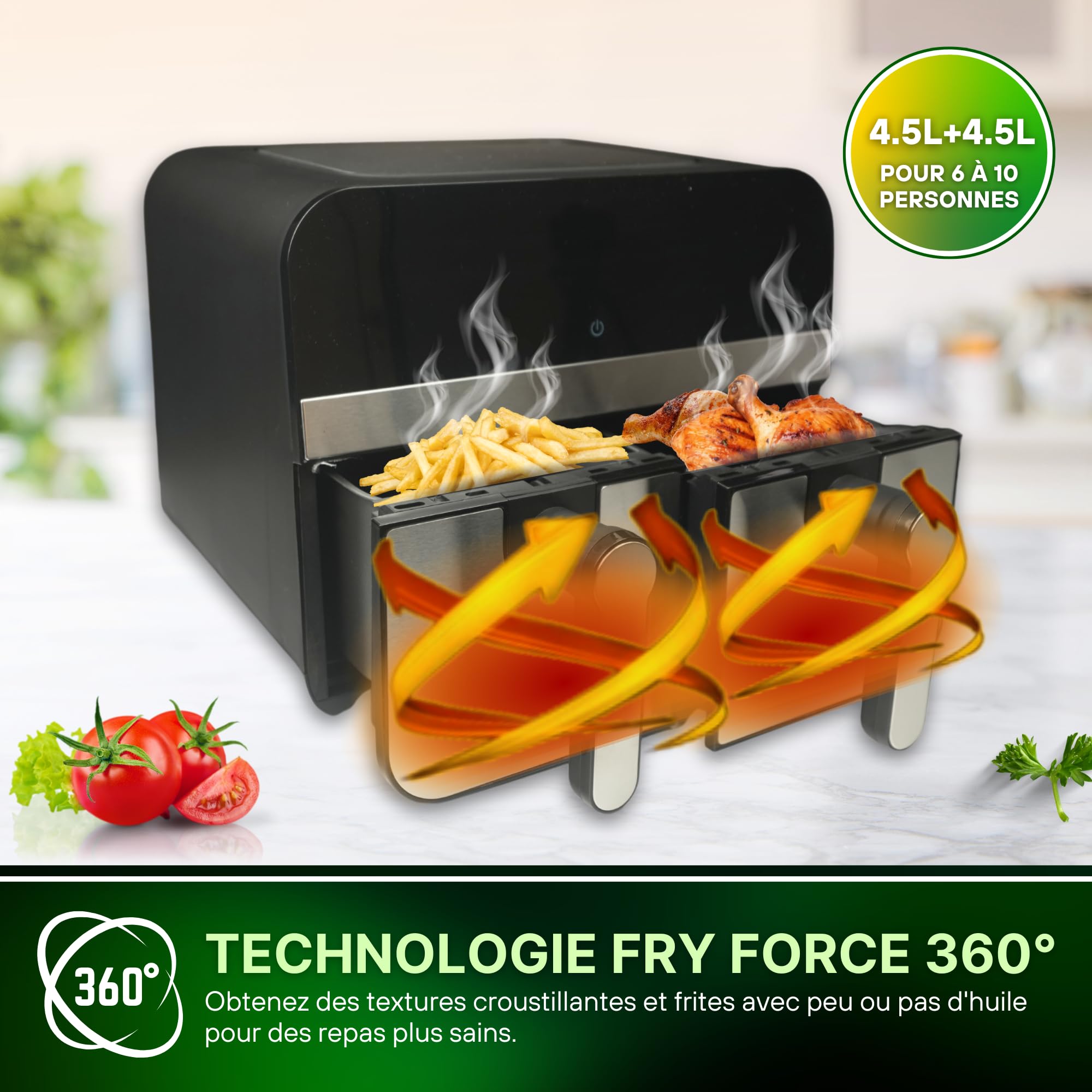 Comfy Nest,CNAFD45WS, varmluftsfritös, Air Fryer, digital dubbelkorg 2400W med fönster 9L, hälsosam och snabb matlagning, modern design, perfekt för alla kök - Grå