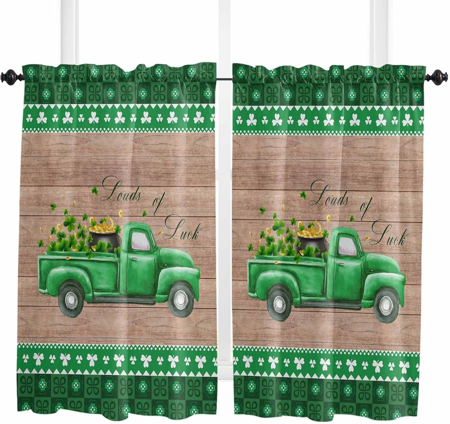 St.Patricks Day Window Treatment Panels, Light Filtering Curtains Drapes for Home, Living Room, Bedroom, Kitchen, Hotel 42x45inchx2, Truck with Loads of Luck Clover Brown Wooden