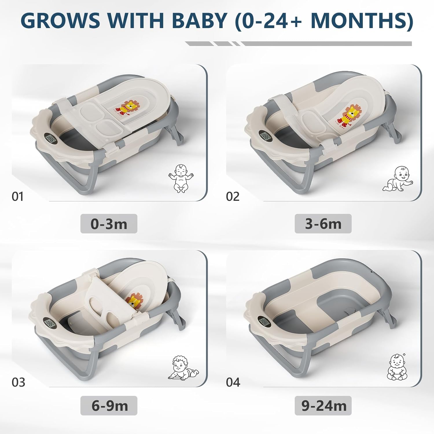 MoreFeel Foldable Baby Bathtub with Thermometer - 4-in-1 Grow-with-Me Collapsible Infant Tub (Newborn to Toddler) with Adjustable Mesh Sling - Space Saving Design