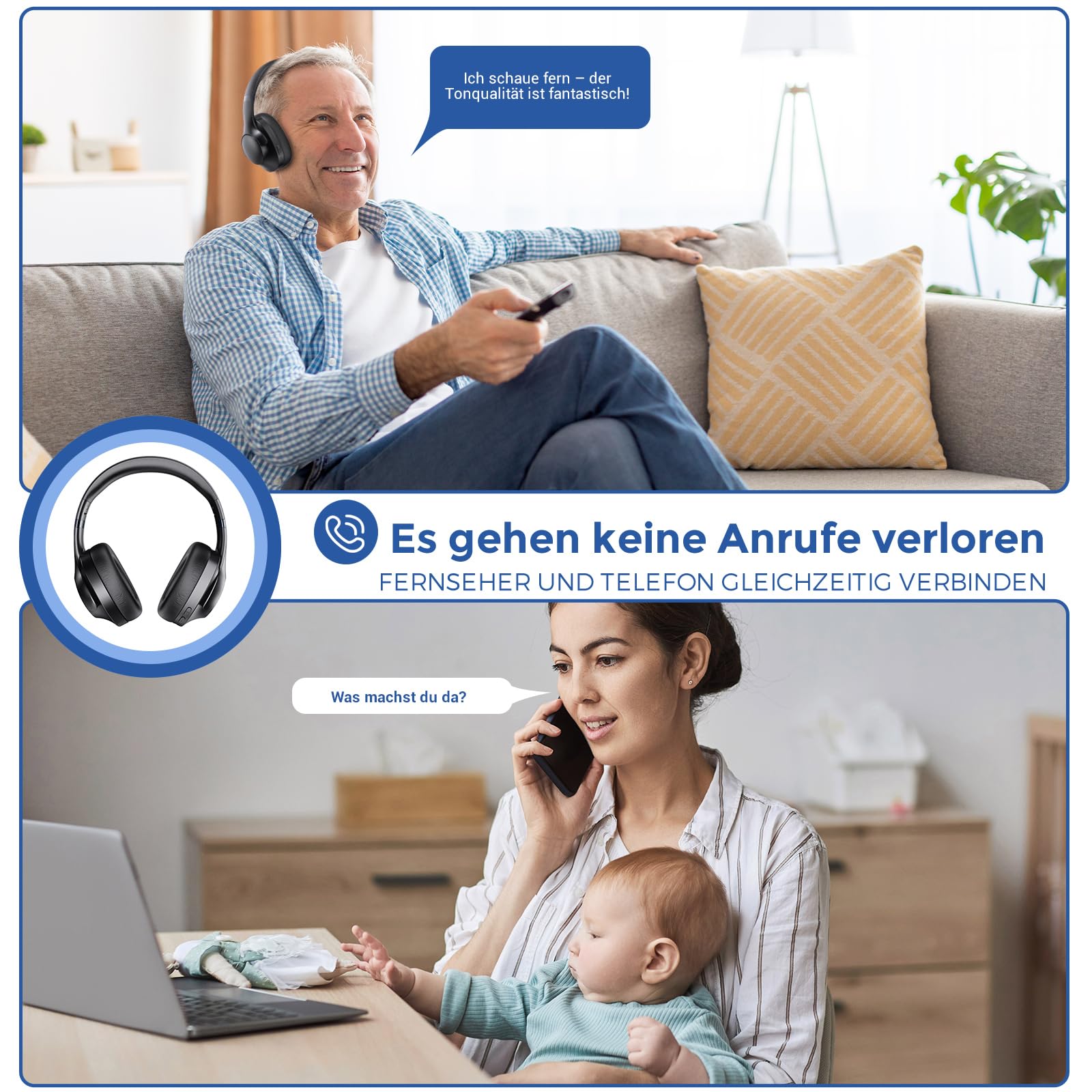 Kabellose Kopfhörer für Fernseher, Over-Ear kabellose 196ft Wireless-Reichweite,unterstützen Optical, AUX, RCA und USB,40 Stunden Audio-Wiedergabezei, hohe Lautstärke, Hi-Fi Audio