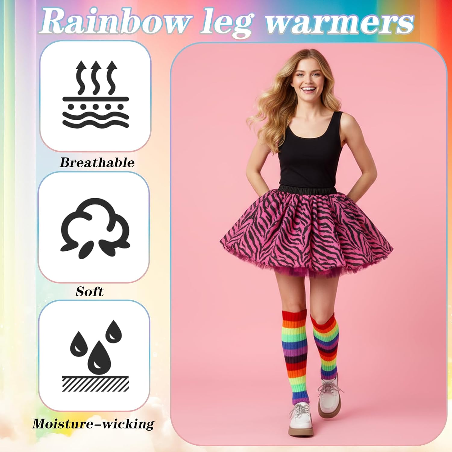 Teaaha Rainbow Leg Warmers for Women, Knit Legwarmers 80s Style Neon Accessories for Girls, Plus Size Multicolored Polyester Colorful Fur Leg Warmers - Image 3