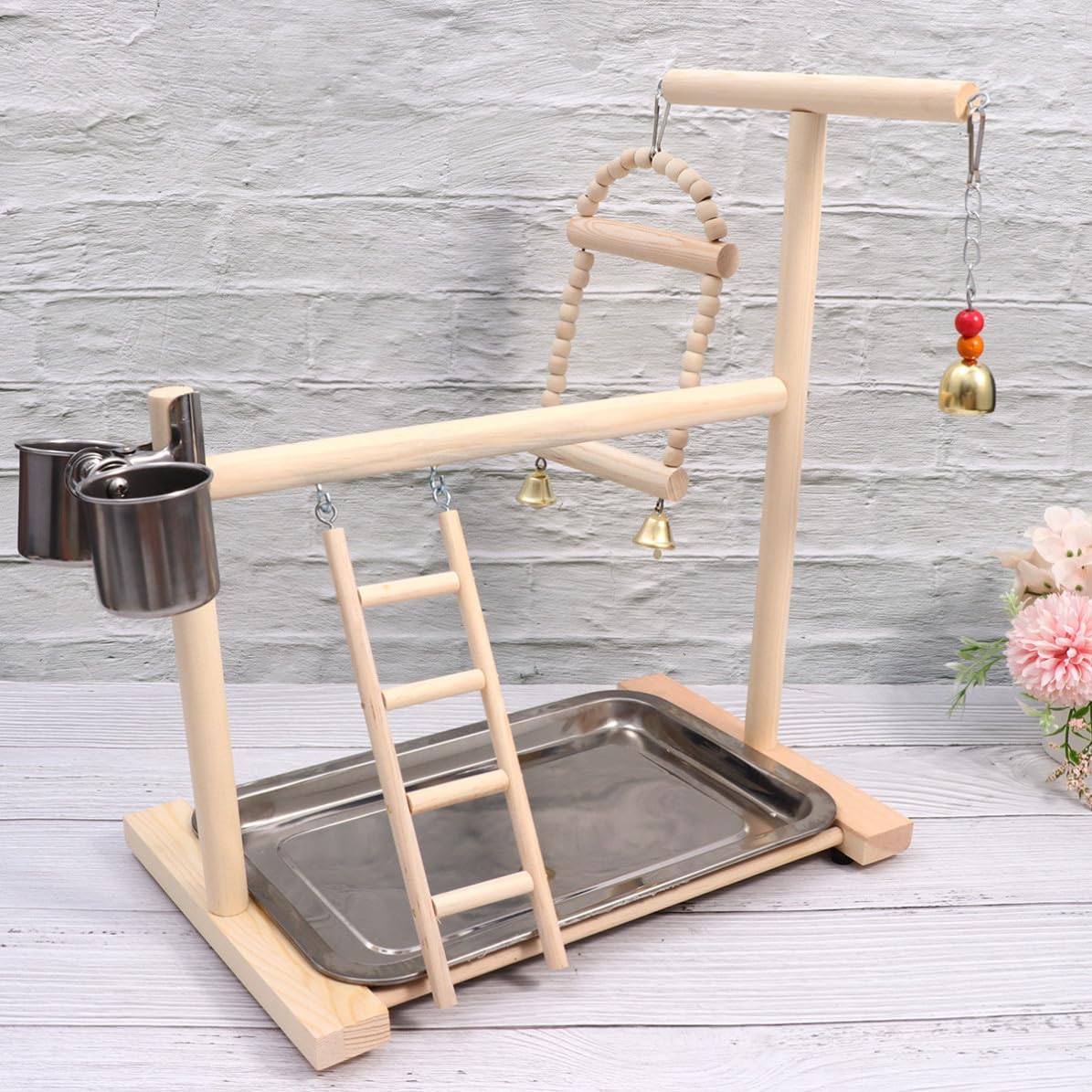VICASKY Parrot Playground in Legno e Acciaio Inox, Wooden Parrot Playground Altalena e Scala, Giocattolo per Pappagalli per Gabbia e Giardino Colore Casuale
