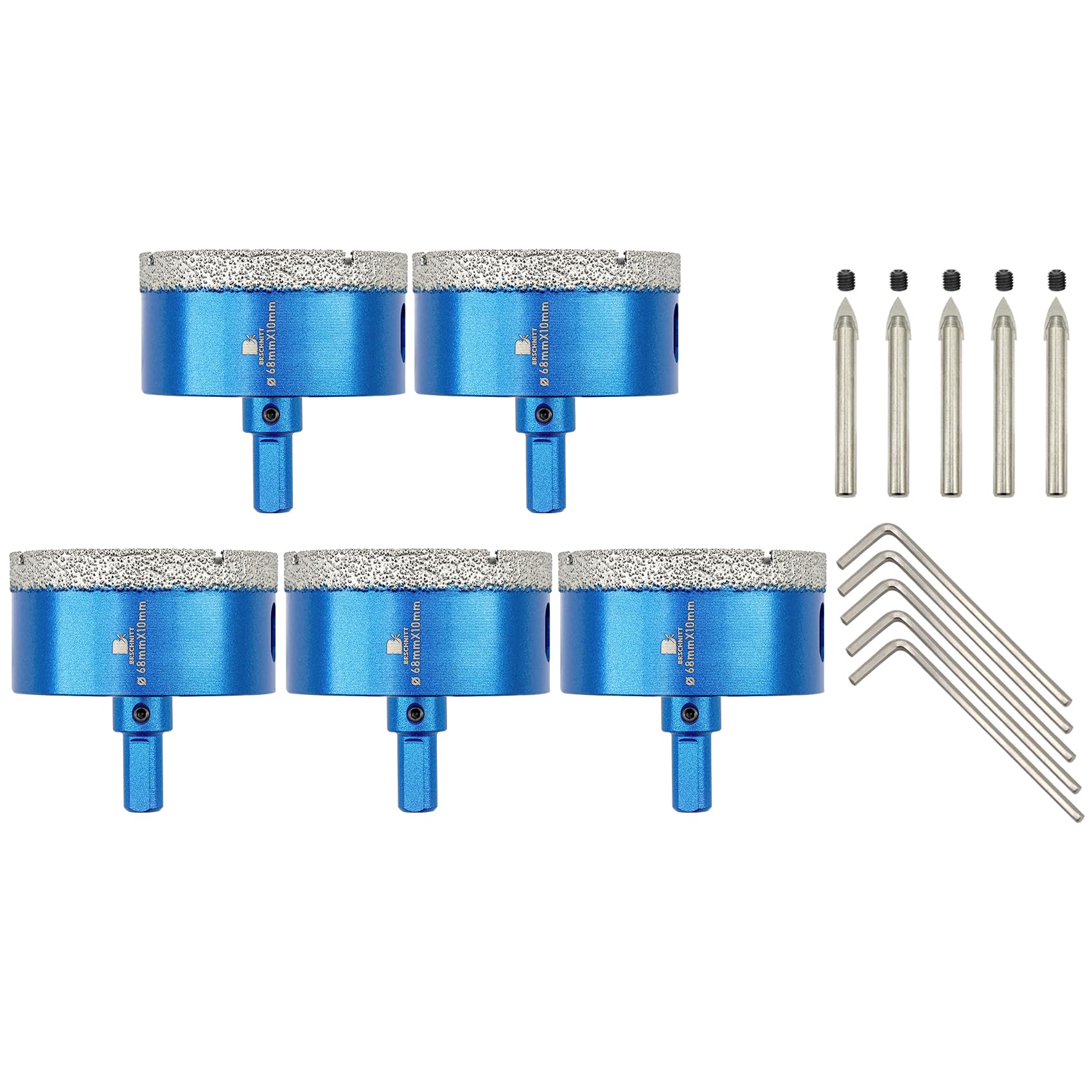 BRSCHNITT Dry Diamond Core Drill Bit with Pilot Bit - 2 11/16"Diamond Tile Hole Saw with Triangle Shank for Porcelain Tile Ceramic Stone Granite Marble(5pcs)