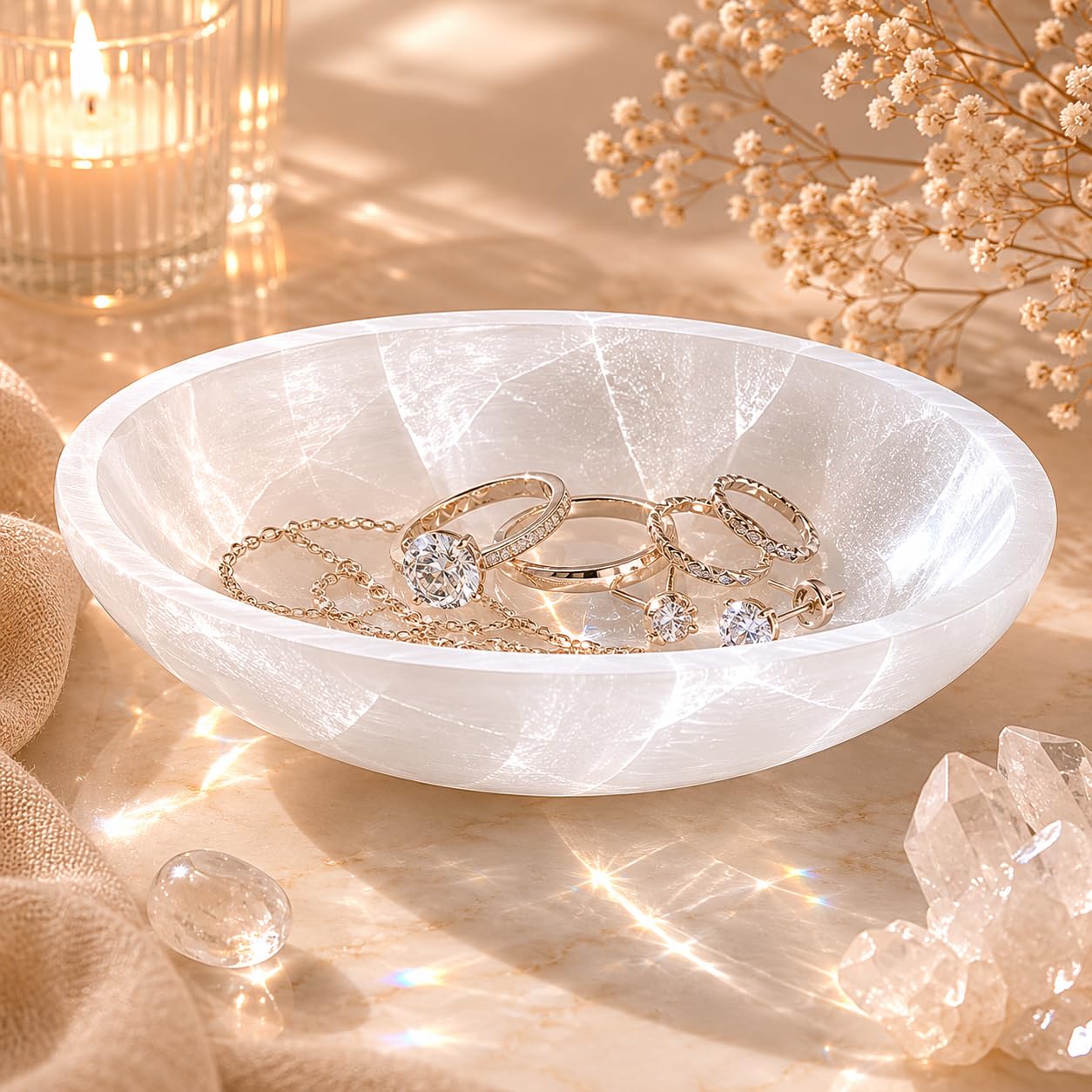 NKlaus Cuenco ovalado de selenita 15,5 x 12,5 cm – Cuenco de energía para limpiar cristales, ideal para rituales, meditación y decoración espiritual 16590