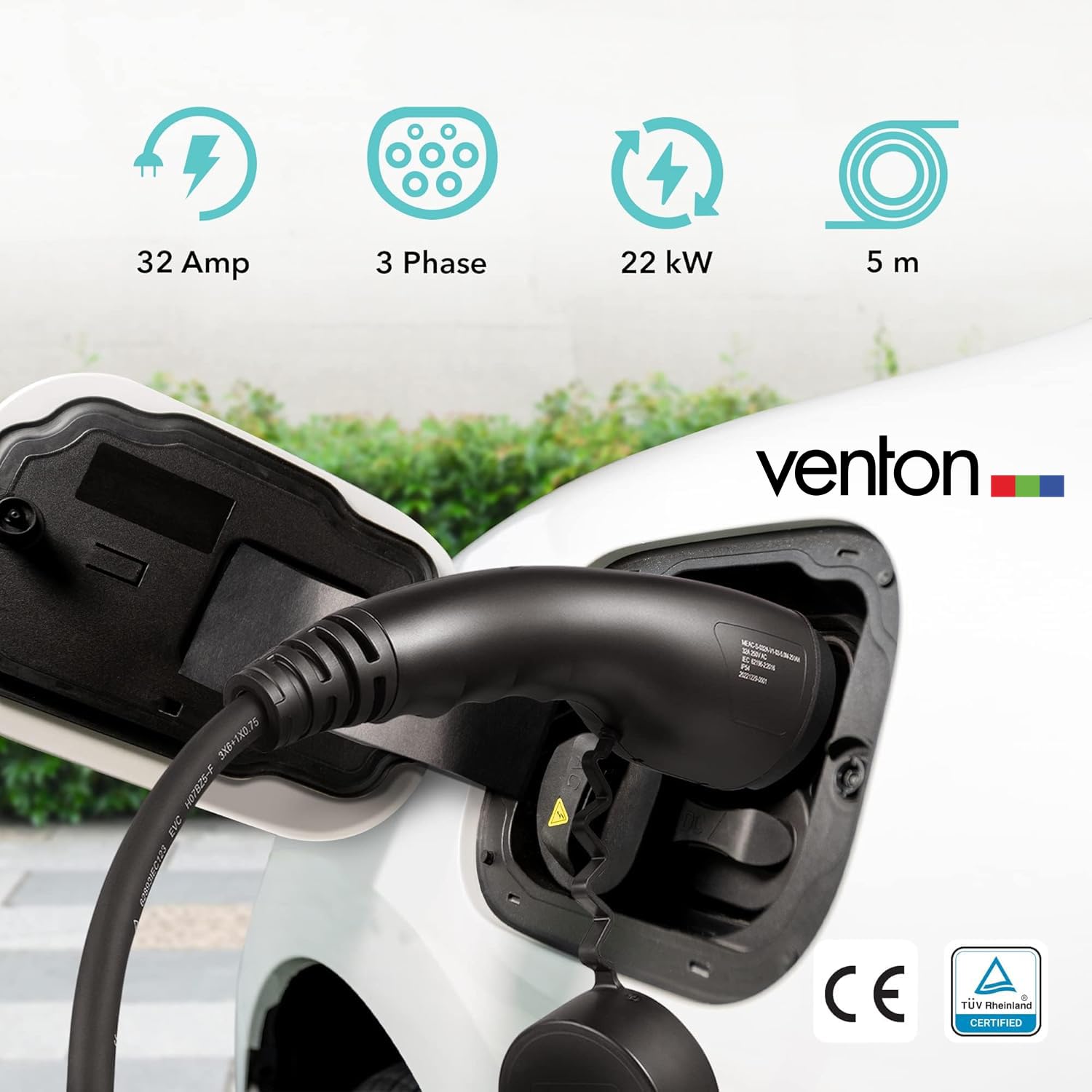VENTON Kabel do ładowania typu 2 22 kW 5 m do samochodu elektrycznego – 32 A, 3-fazowy, kabel do ładowania EV, typ 2 na typ 2, kabel do ładowania E do samochodu ściennego i kolumny ładującej