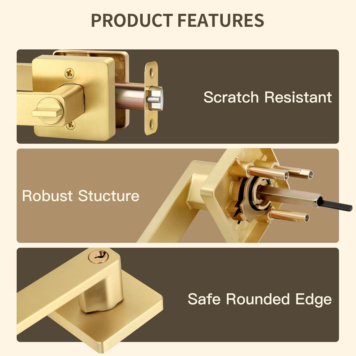 Moquin Gold Door Handles with Lock and Key, Heavy Duty Square Brushed Gold Door Handles with Reversible Lever for Bedroom or Front Door, Satin Brass