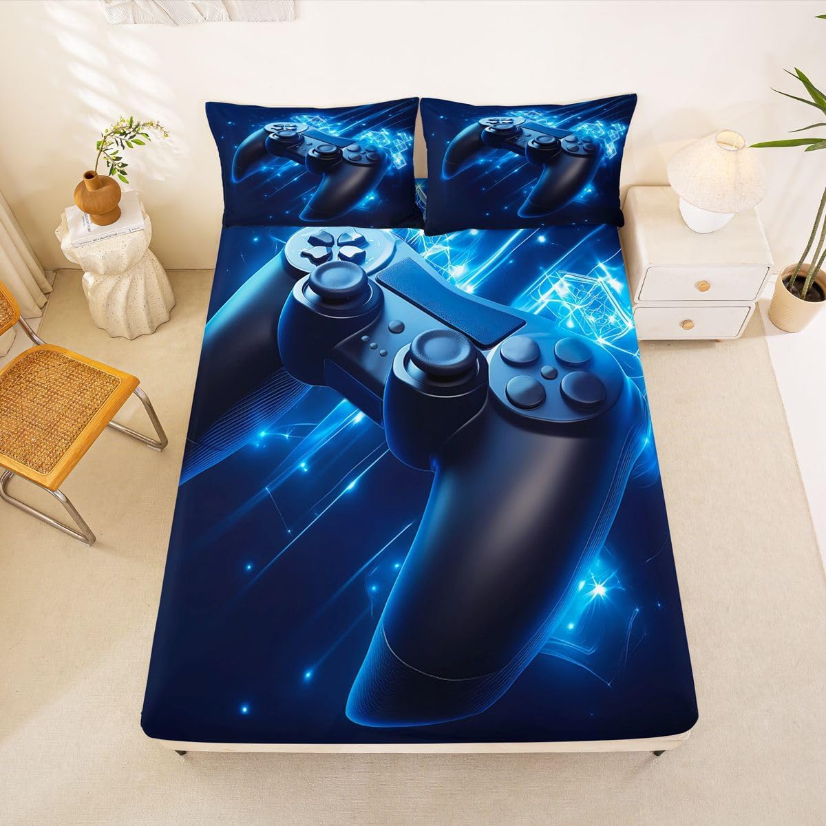 Erosebridal Teens Game Bed Sheet Set Twin Size, Kids Video Games Fitted Sheet for Boys Girls Youth Joystick Player Novelty Gamer Sheets Set Blue Flat Sheet Gamepad Top Sheet, Boy Fitted Sheet image 2