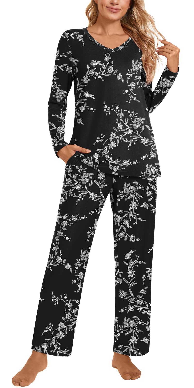 POPYOUNG Womens Fall-Winter 2 Piece Pajama Sets Long sleeve V-neck Tunic Tops with Comfy P...