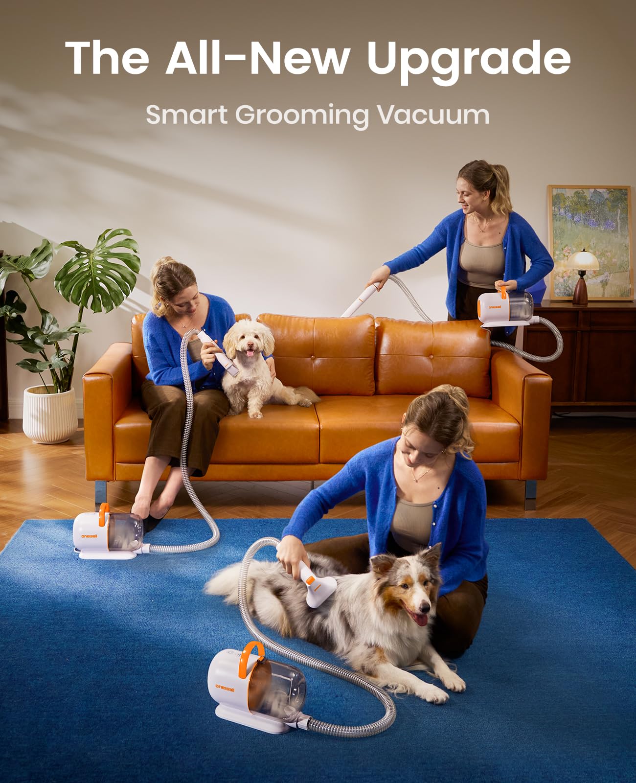oneisall Aspiradora de aseo para perros – Succión de 15000 Pa, captura el 99% del pelo de mascotas para reducir el desprendimiento, cortaúñas para perros y cepillo silencioso (≤59 dB) con 4 accesorios