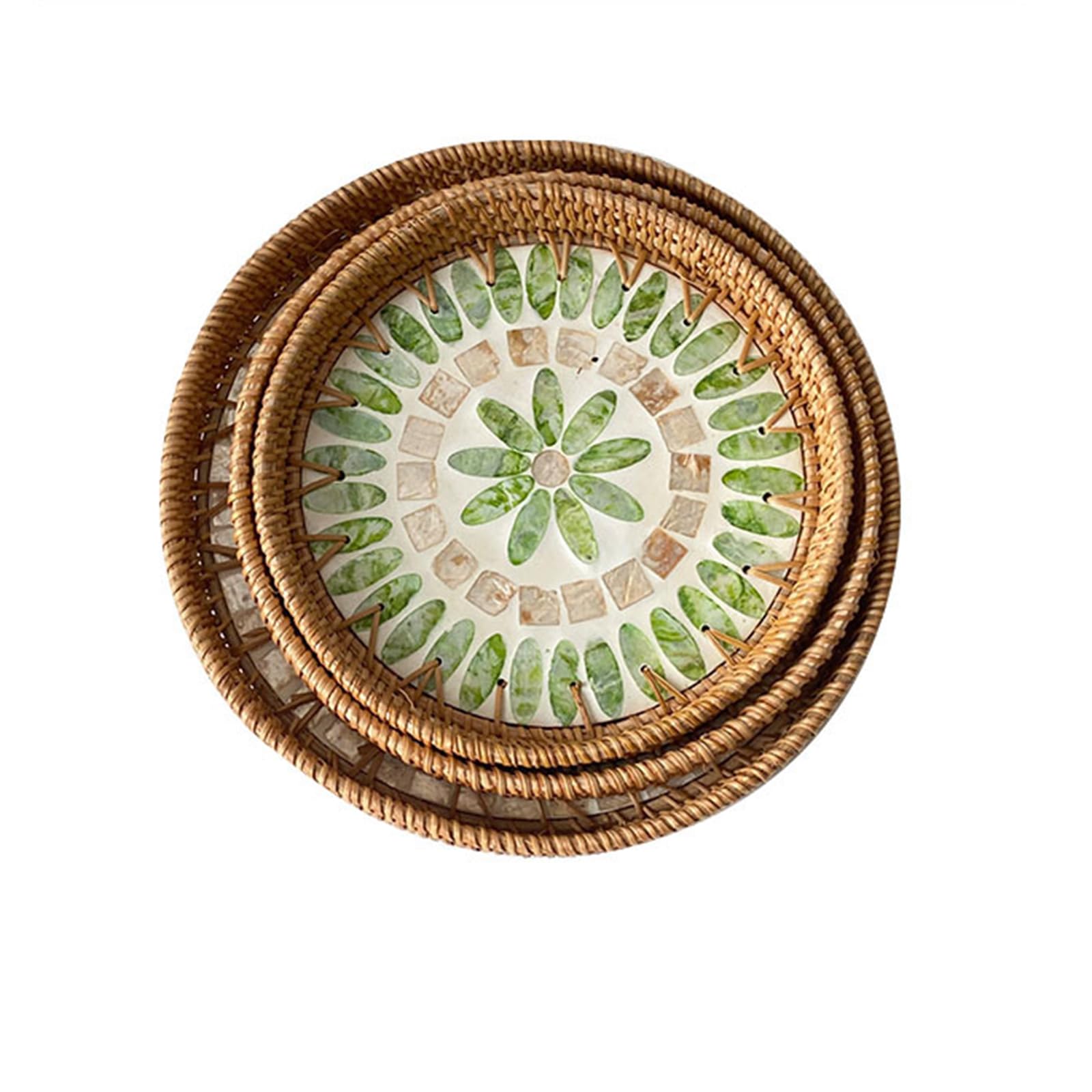 RUDHSJNJK 3 Packs Round Rattan Tray with Mother of Pearl Inlay Decorative Woven Serving Tray for Bread Fruit Food Coffee Breakfast,5