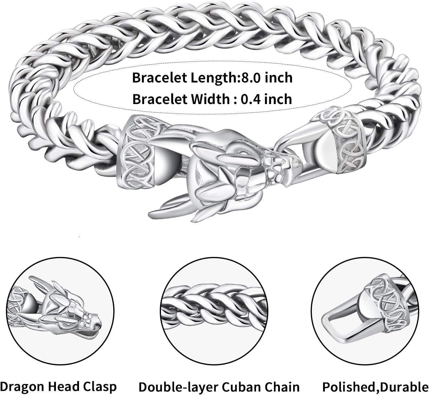 Viking Dragon Bracelet for Men, 316L Stainless Steel Cuban Link Chain 10mm Width, 8 Inch Length, Vintage Silver/Black/Steel/Gold, Punk Norse Jewelry Gifts for Him Husband - Image 4