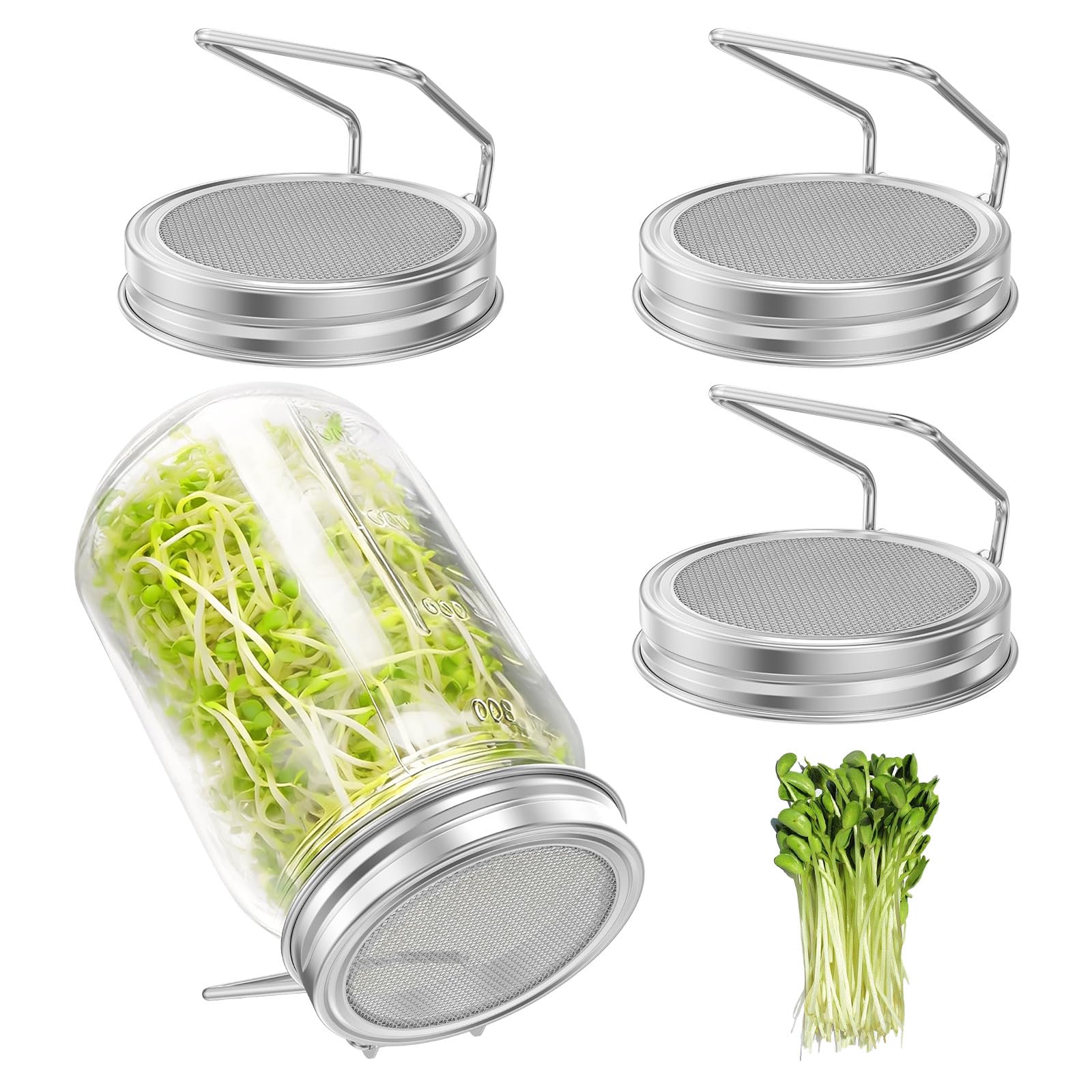 4Pcs Sprouting Lid for Wide Mouth Mason Jars, Screen Bean Sprouts Growing Lid, Stainless Steel Mesh Sprouting Lids, Fitting 3.74inch Jars for Alfalfa Broccoli Seeds Mung Bean