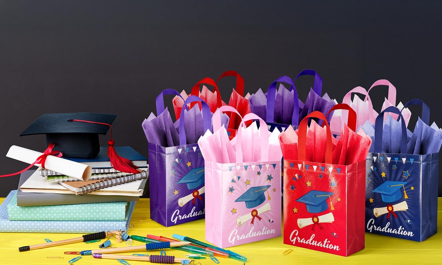 ysmile 24 Pack Medium Size Graduation Gift Bag with Tissue Paper Bulk 9.8" Non Woven Gifts Bag Reusable Grad Congrat