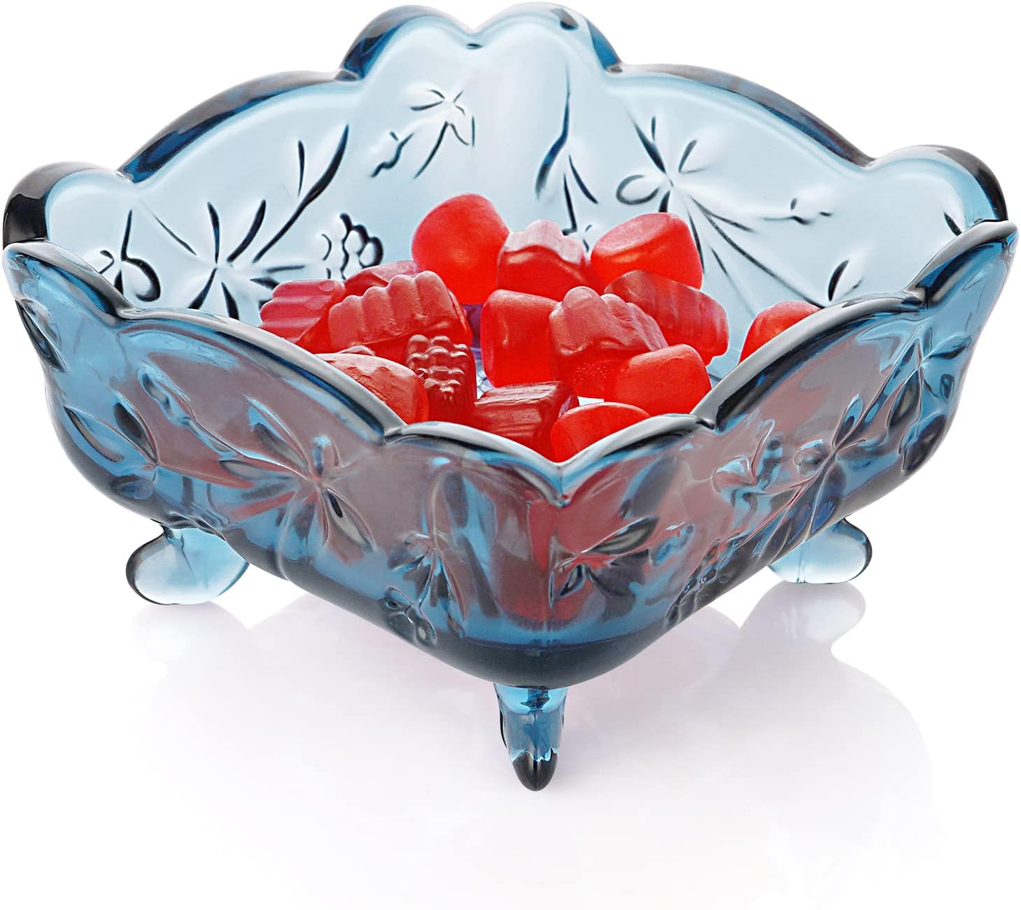 Fivtyily Retro Carved Square Glass Fruit/Sugar/Candy Dish Tray Ice Cream Bowl with Antislip Legs (Blue)