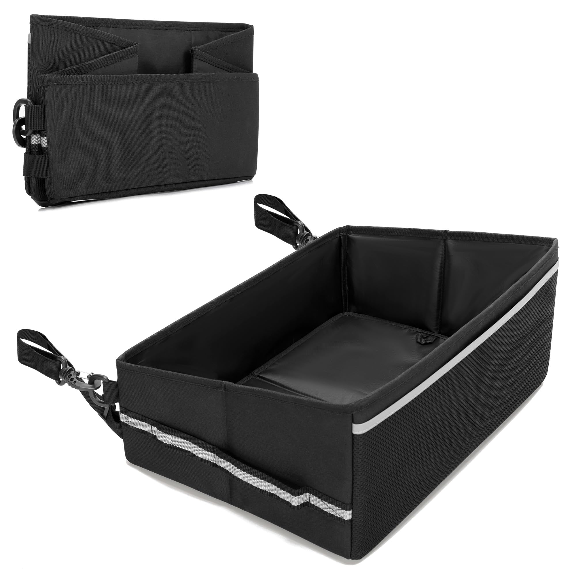 GRAOSO Under Seat Storage Fit for SuperCrew Cab, Foldable Truck Organizers and Storage Box Under Rear Seat For Single Seat with Removable Bottom Plate, 2 Side Handles and Hook Snap Fix Strap, Black