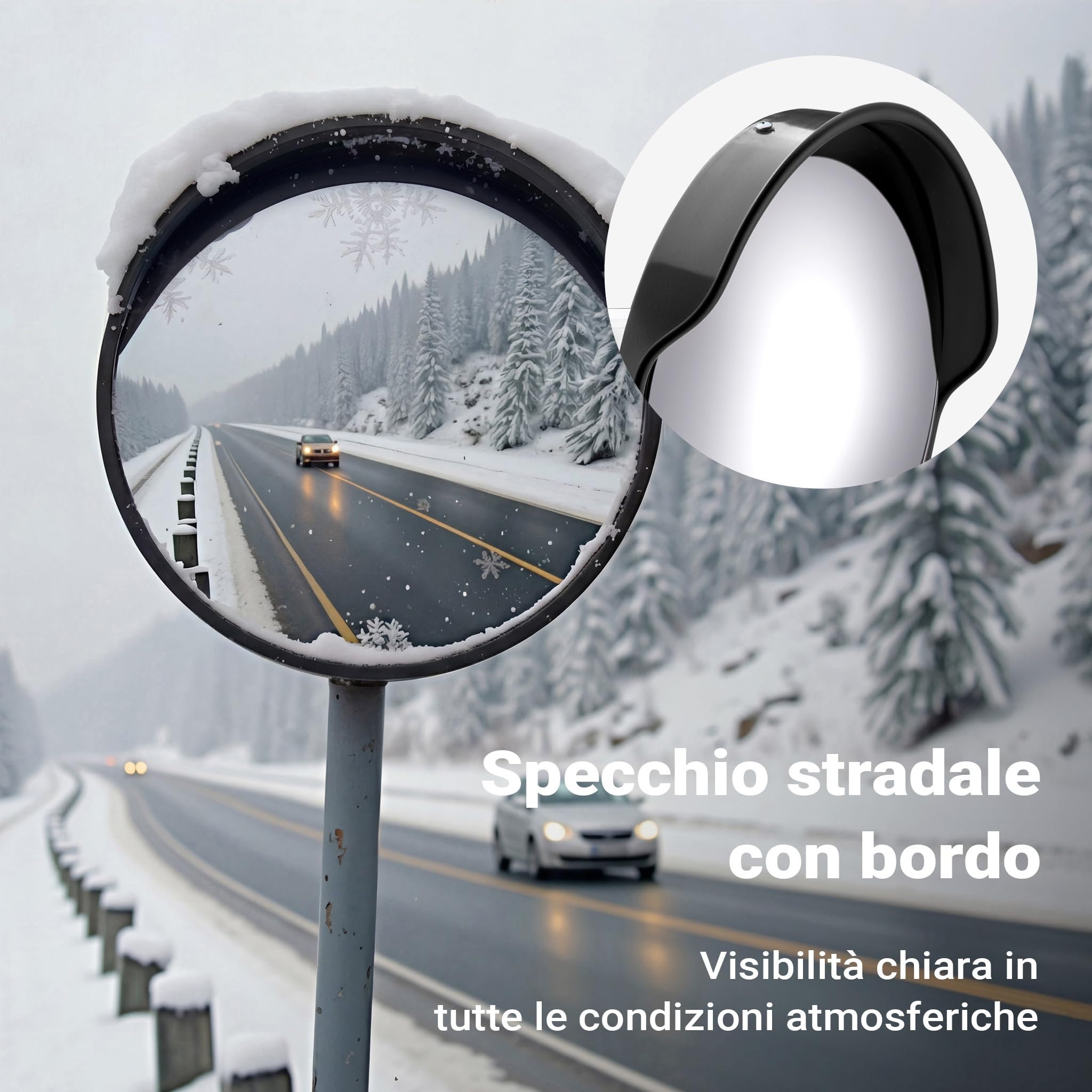 Wiltec Specchio stradale convesso 60 cm con bordo di protezione nero, specchio parabolico rotondo con campo visivo di 130°, per manovre all'esterno, materiale di montaggio incluso