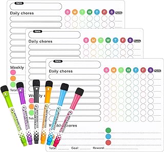 Magnetic Chore Chart 3 Pcs with 6 Fine Tip Markers, Learning Responsibility Chart for Kids, Children's Reusable Magnetic Reward Chart for Good Behavior Chart, Schedule Board for Organise the Family