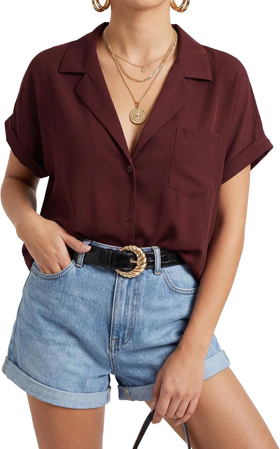 Rooscier Women's Short Sleeve Collared V Neck Button Down Business Casual Blouse Tops with Pocket