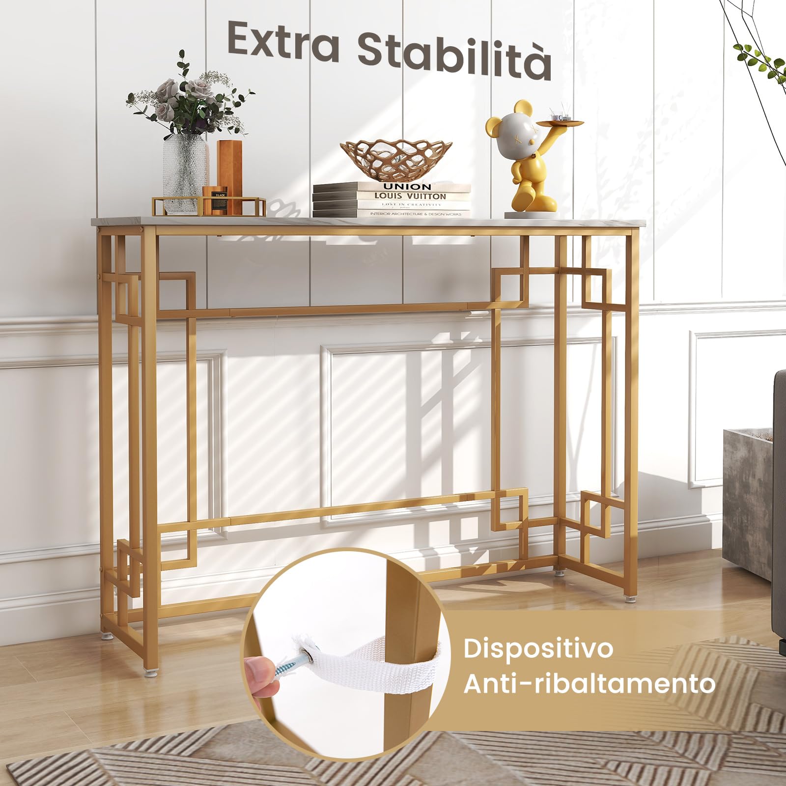 COSTWAY Tavolo Consolle con Cornice Geometrica Dorata 110 x 30 x 81 cm