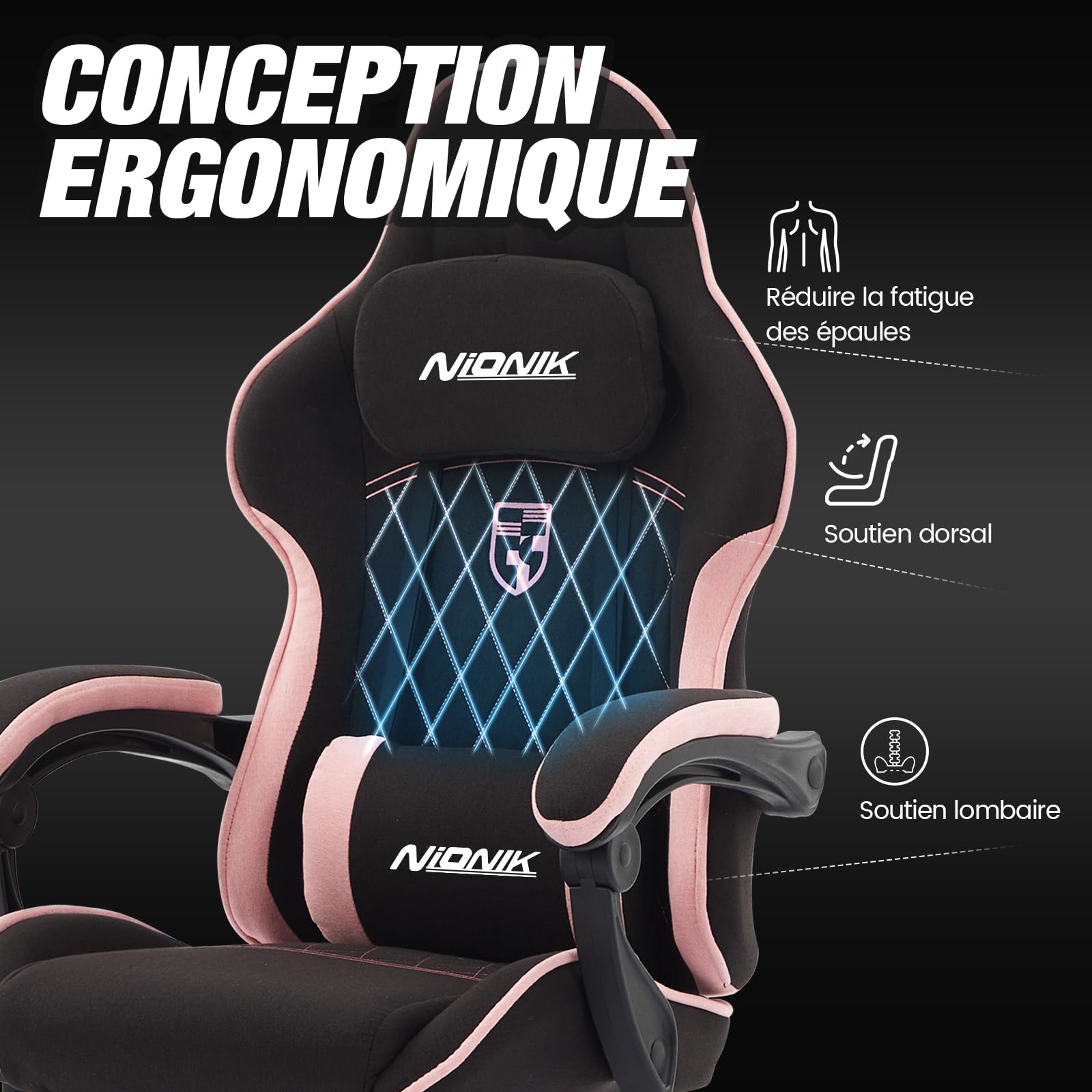 Massage Chaise Gaming Tissu Respirant avec Coussin Lombaire Massant