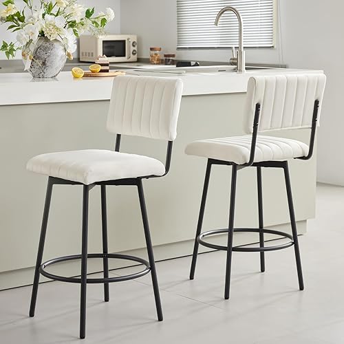 Miniatura 11 de Taburete de bar giratorio de altura de mostrador con respaldo, taburete tapizado de 26 pulgadas con marco de metal, respaldo de asiento de canal,