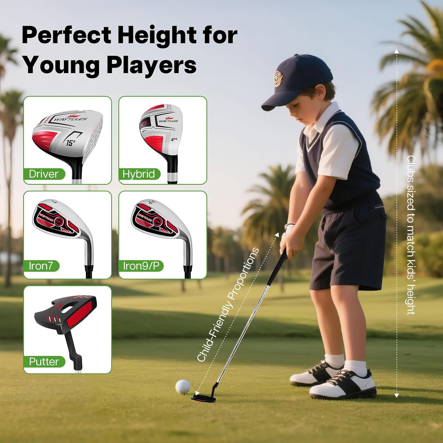 Kids Golf Clubs Set for Boys & Girls Ages 3-12, Junior Golf Set with Stand Bag, Driver, Hybrid, Irons & Putter, Youth Golf Club Set Right Handed Red 49–57 in | Ages 6–8 | 5 Clubs