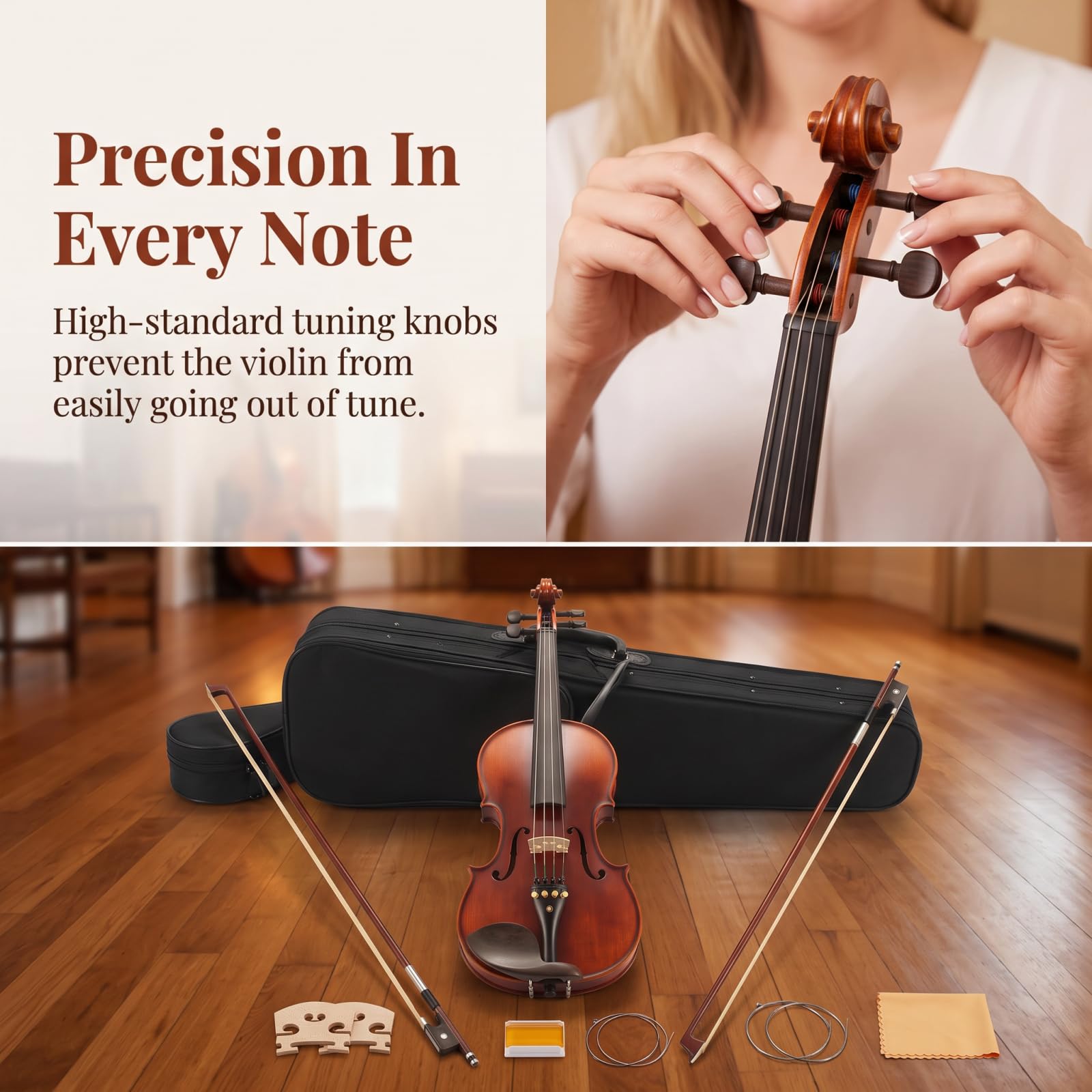 Violín para principiantes, kit de iniciación de violín acústico de tamaño completo 4/4, instrumento musical de cuerda con funda, 2 arcos de violín, 2 puentes, cuerdas, colofonia, paño de