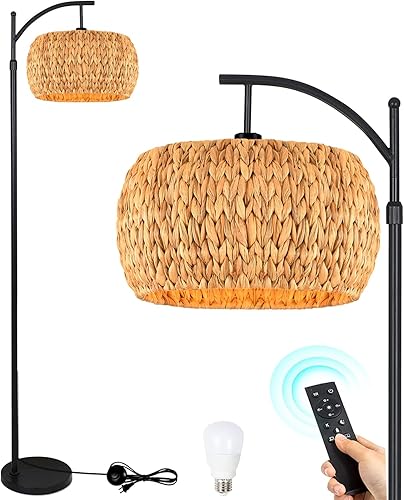 Lámpara de pie para sala de estar, dormitorio, ratán bohemio, lámpara de pie con mando a distancia regulable de mimbre negro, lámpara de bambú de