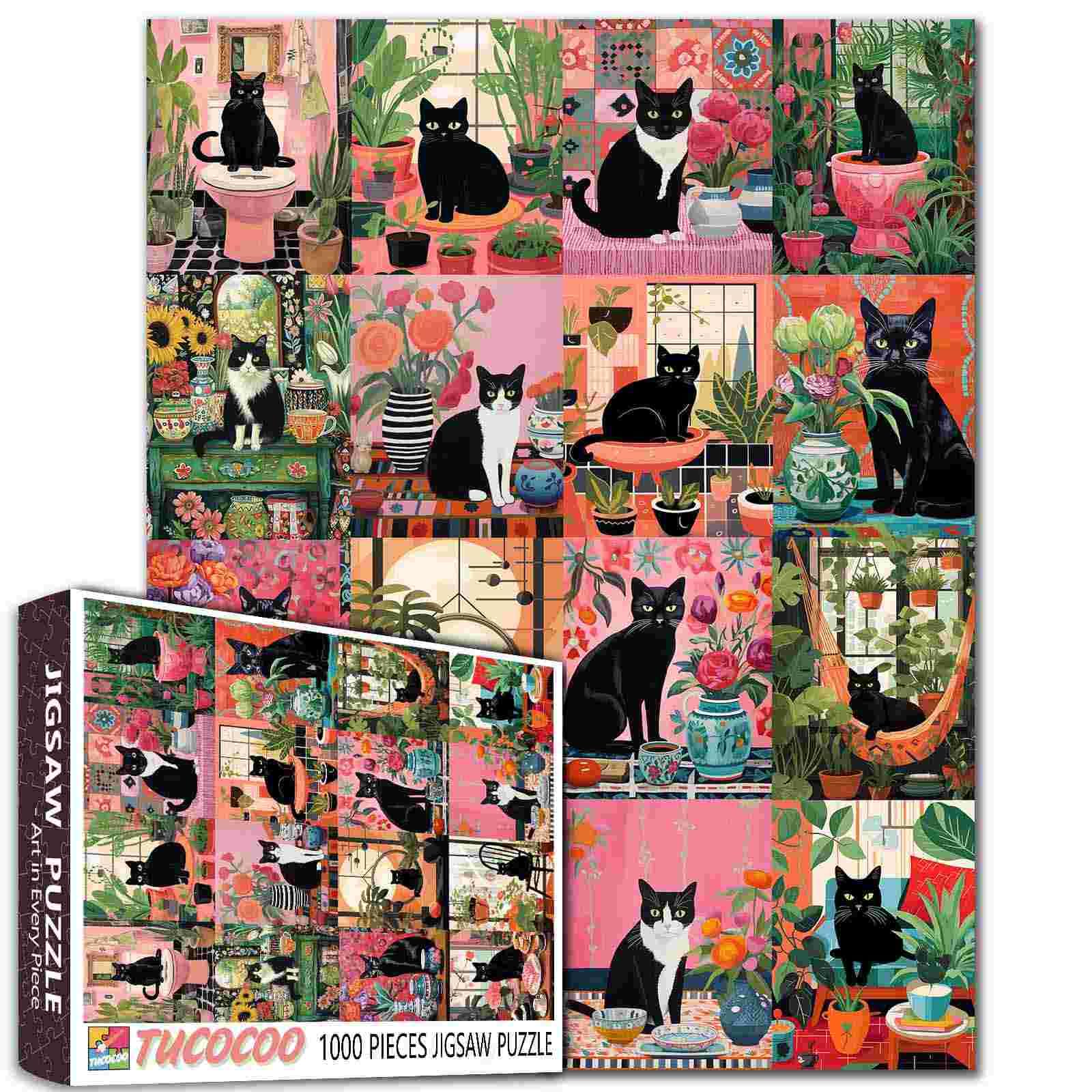 Tucocoo Black Cat Puzzle 1000 Pieces, Abstract Pink-Green Kitten DIY Set for Home Decor and Collection, Challenging Adult Puzzle