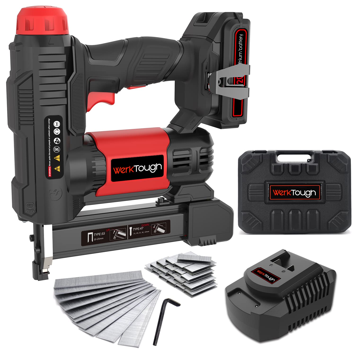20v Cordless Staple Gun Brad Nailer 2 in 1 Aluminum Metal magzine 1 Hour Fast Charger 2000mA Lithium Battery 2000pcs Free Staples(90 4/5”1000+18GA 1”x1000) in Tool Case
