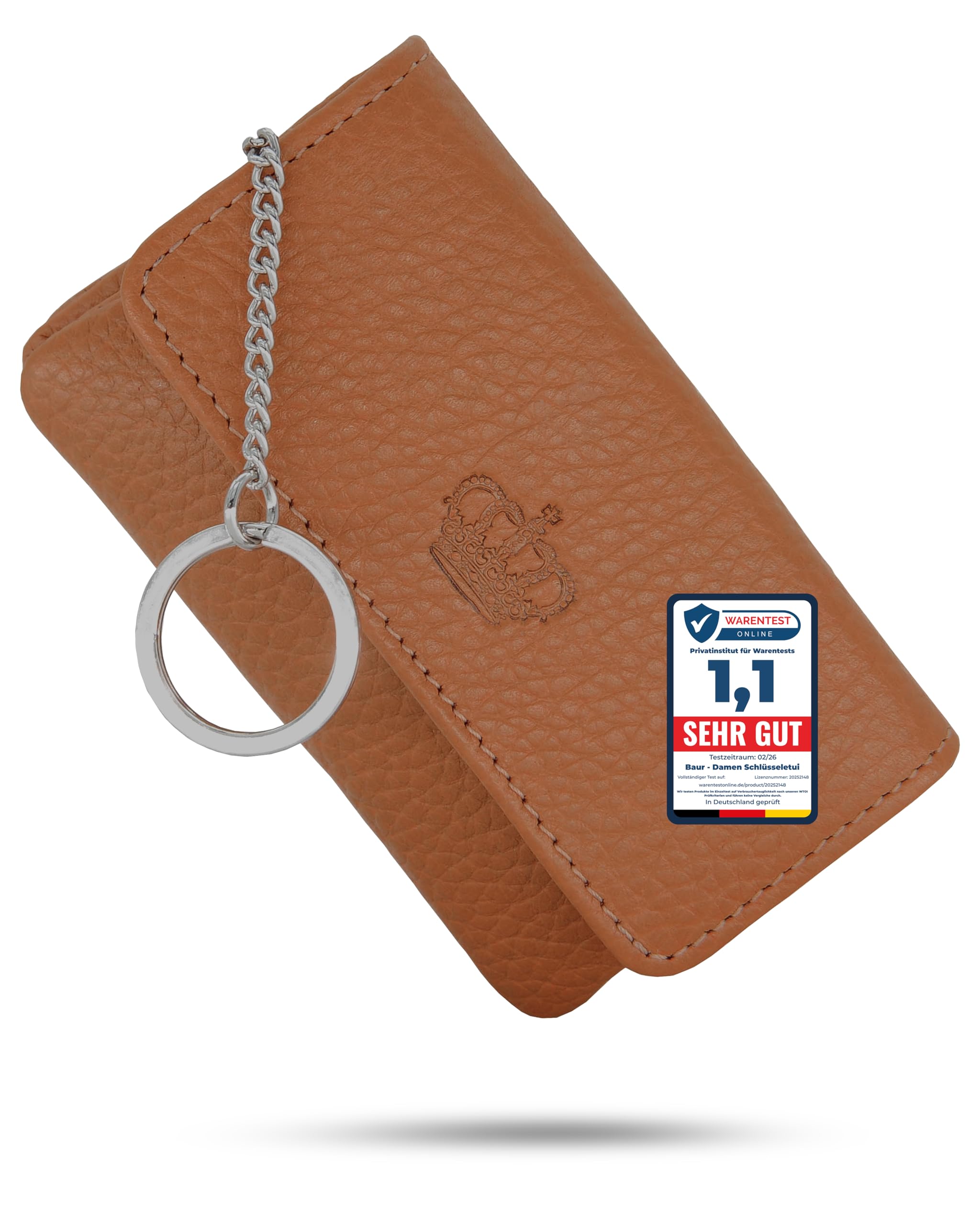 Baur portachiavi da donna in vera pelle – astuccio chiavi con anello in metallo e chiusura a bottone – piccolo portafoglio con cerniera per banconote, monete e carte (Cognac)