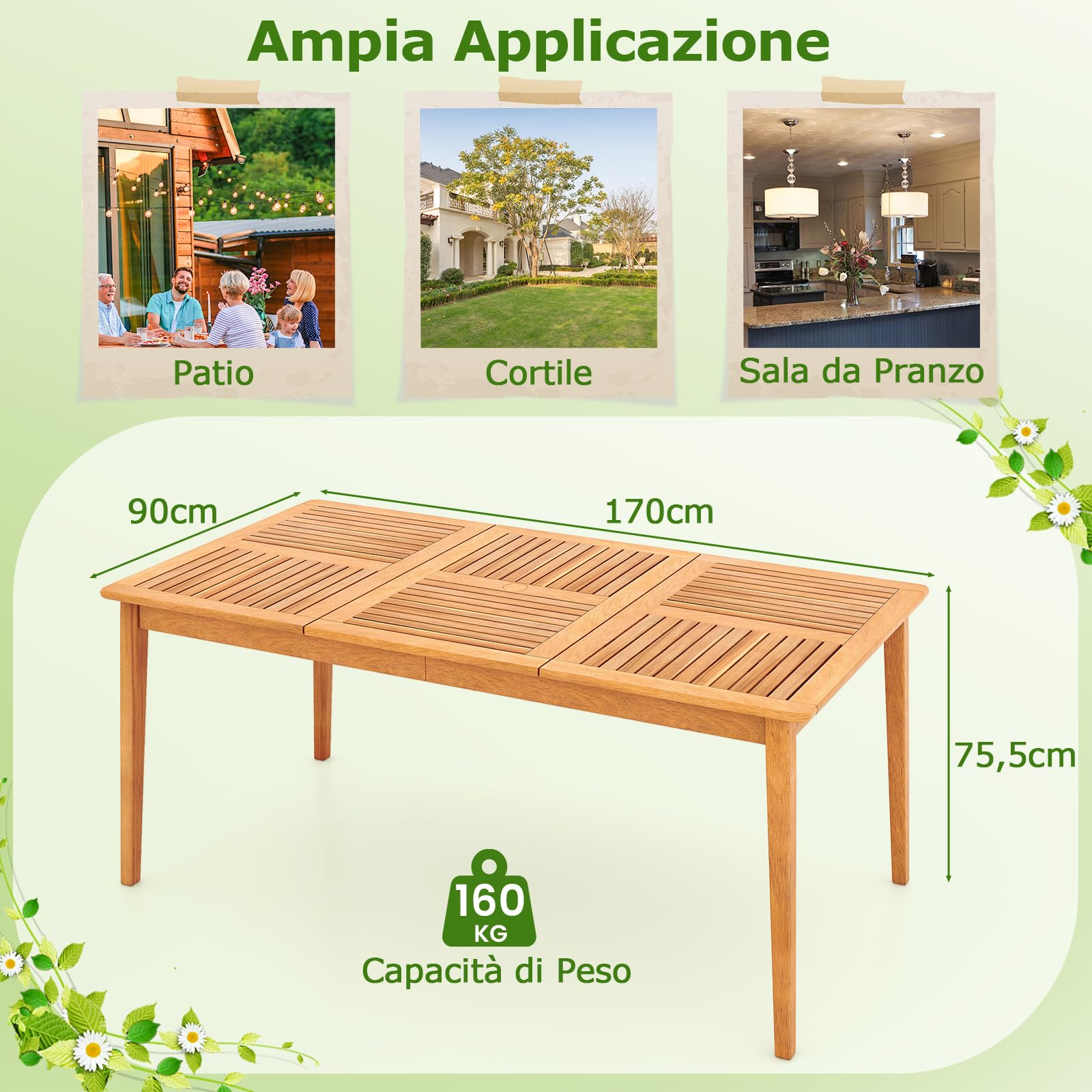 COSTWAY Tavolo Pranzo da Esterno 170 cm, con Foro per Ombrellone 5 cm, Tavolo Giardino in Legno Acacia a 6 Posti, per Giardino Patio, Portata 160 kg, 170 x 90 x 75,5 cm