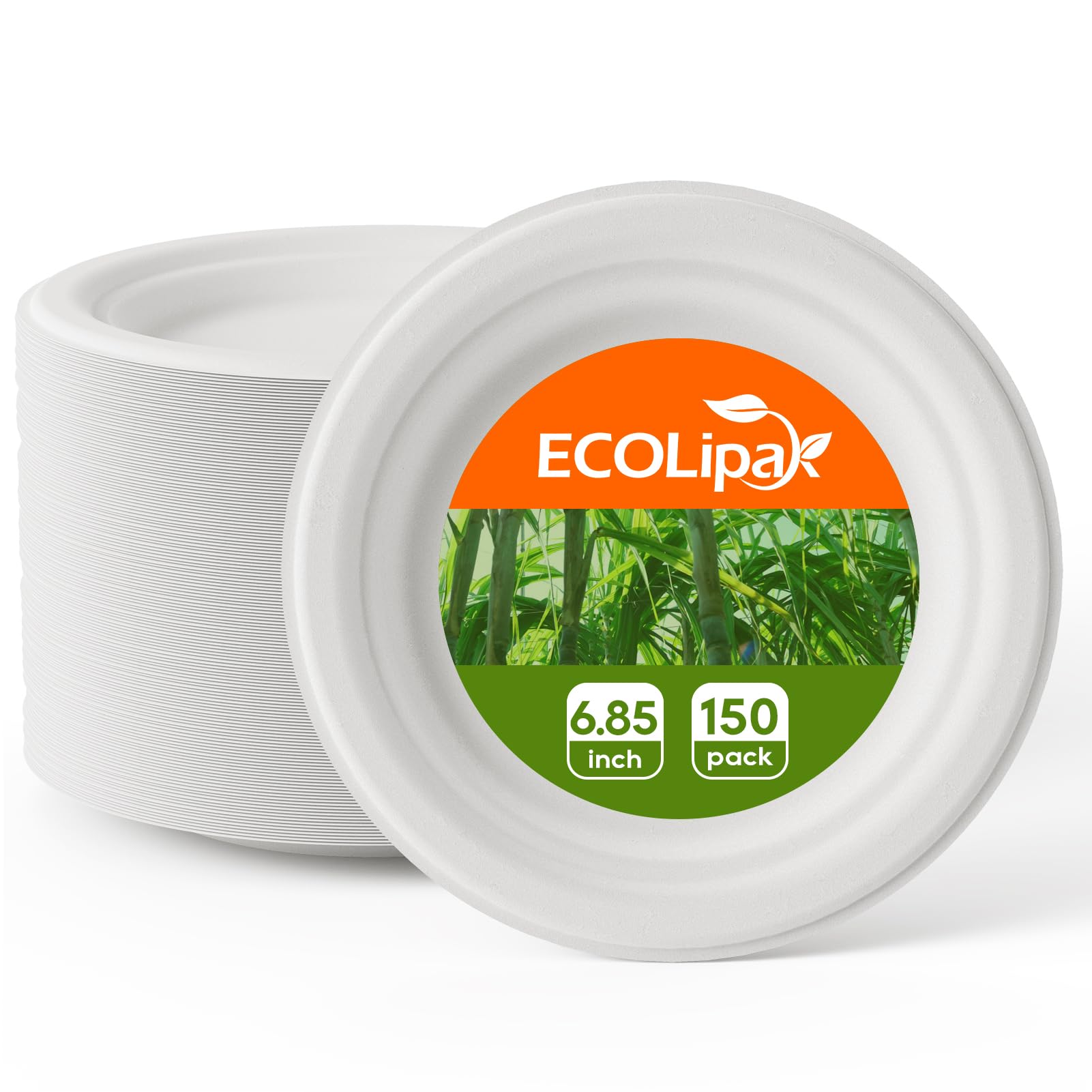 ECOLipak Platos de papel compostables de postre de 6.85 pulgadas, paquete de 150 platos desechables, biodegradables, resistentes, ecológicos, de caña de azúcar, bagazo de Halloween, para fiestas
