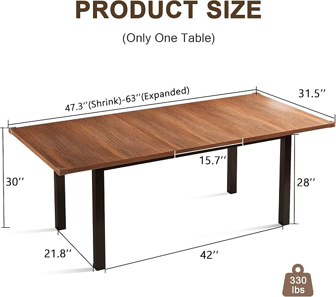 Mesa de Comedor Extensible Einhomn para 4-6 personas, 63" Mesa Moderna para Cocina, Comedor y Oficina, Rectangular de Madera Color Walnut miniatura 2
