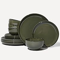 Pokini Santorini Mist Terracotta Reactive Glaze Dinnerware Set for 4 - 12pc Plates & Bowls, Microwave Dishwasher Safe Stoneware, Blackish Green