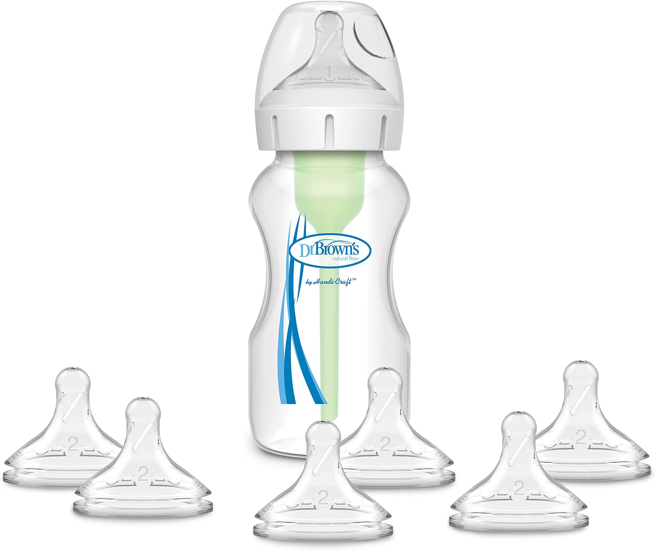 Dr. Brown’s Natural Flow® Anti-Colic Options+™ Wide-Neck Baby Bottle, 9 oz/270 mL, Level 1 Nipple, 1-Pack, 0m+ with 6-pack Level 2 Nipples