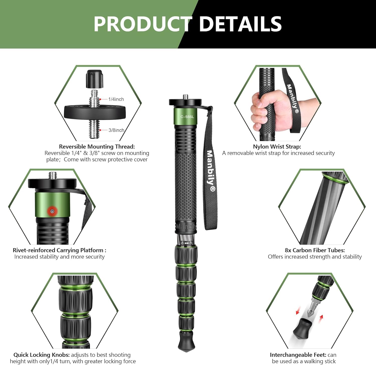 Supporto per fotocamera monopiede Manbily Walking Stick monopiedi per fotocamere in fibra di carbonio portatile compatto da viaggio monopiede Unipod Stick con manico 6 sezioni 65" 7 kg per DSLR Video