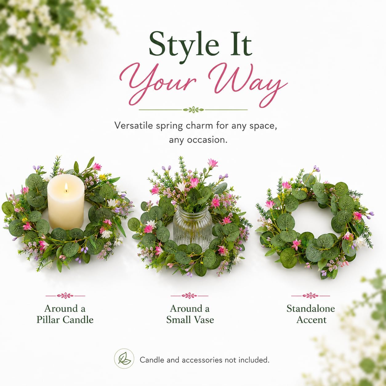 4 Pcs Eucalyptus Candle Rings, Small Artificial Greenery Wreaths with Pink & White Flowers, Mini Floral Centerpieces for Pillar Candles, Spring and Home Decor