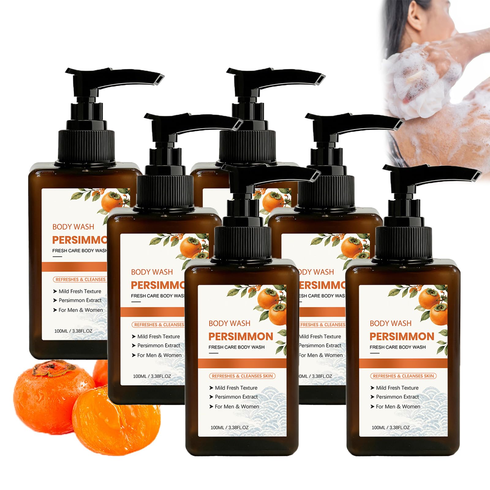 Gel Doccia Al Cachi Per Pelle Matura, Detergente E Idratante In Profondità, Fresco Fragranza Di Cachi, Detergente Morbido E Idratante Il Corpo, Adatto A Tutti I Tipi E Per Uso Quotidiano (6 Pz)
