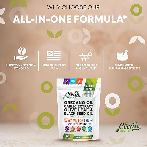 Miniatura 7 de Suplemento Clean Nutra HerbaPlex, aceite de orégano, extracto de ajo, hoja de olivo, aceite de semilla negra, vitamina D3, zinc, saúco, 120 cápsulas