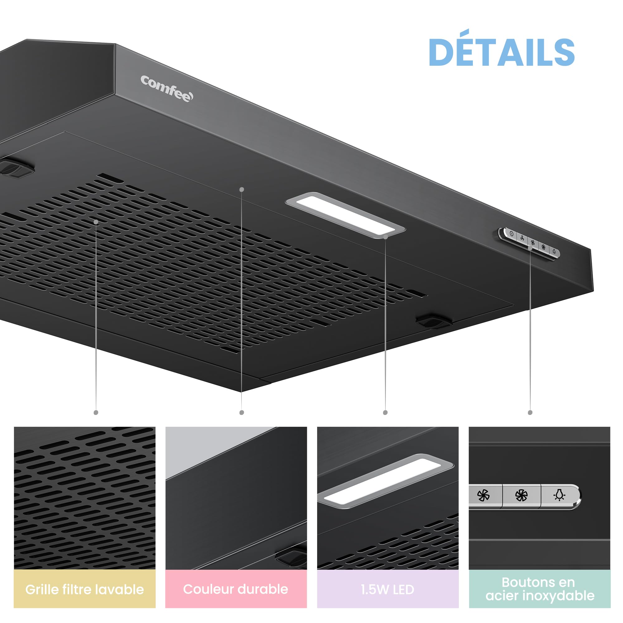COMFEE'SLIF17B-60 Hotte aspirante 60 cm sous comptoir 2 modes 3 vitesses Noir