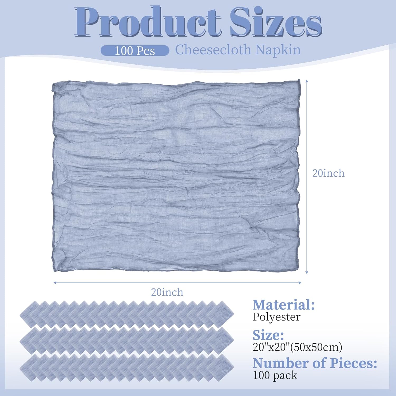100 Packs Gauze Cheesecloth Napkins 20 x 20 Inch Dusty Blue Rustic Boho Soft Cotton Table Napkins Wrinkled Linen Cheese Cloth Napkins for Wedding Party Family Dinner Table Decoration