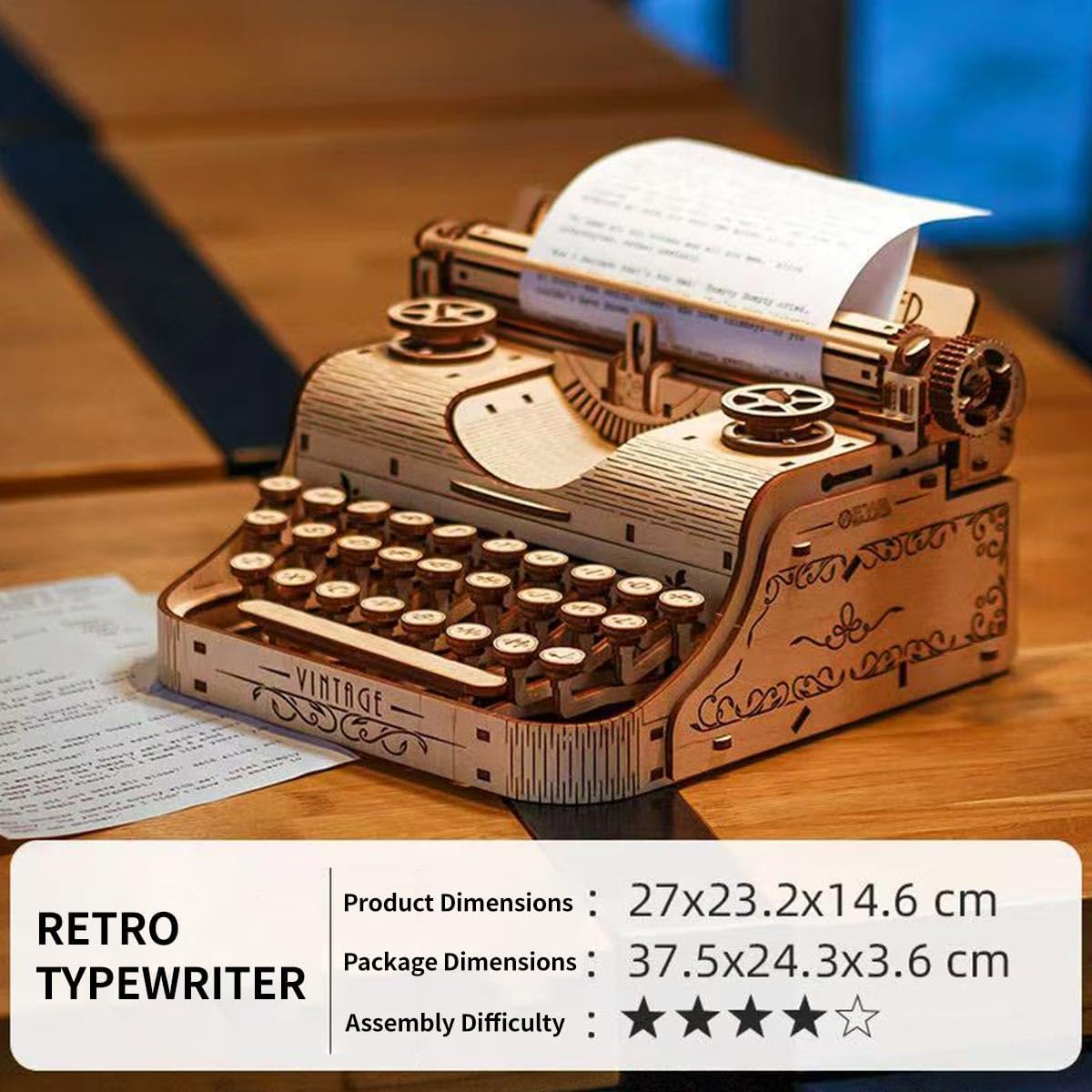 3D Wooden Retro Typewriter Model Kit Mechanical Building Set with Realistic Typing Sound, Vintage Design, DIY Craft for Adults, Desktop Decor, Unique Gift for Hobbyists - 453PCS