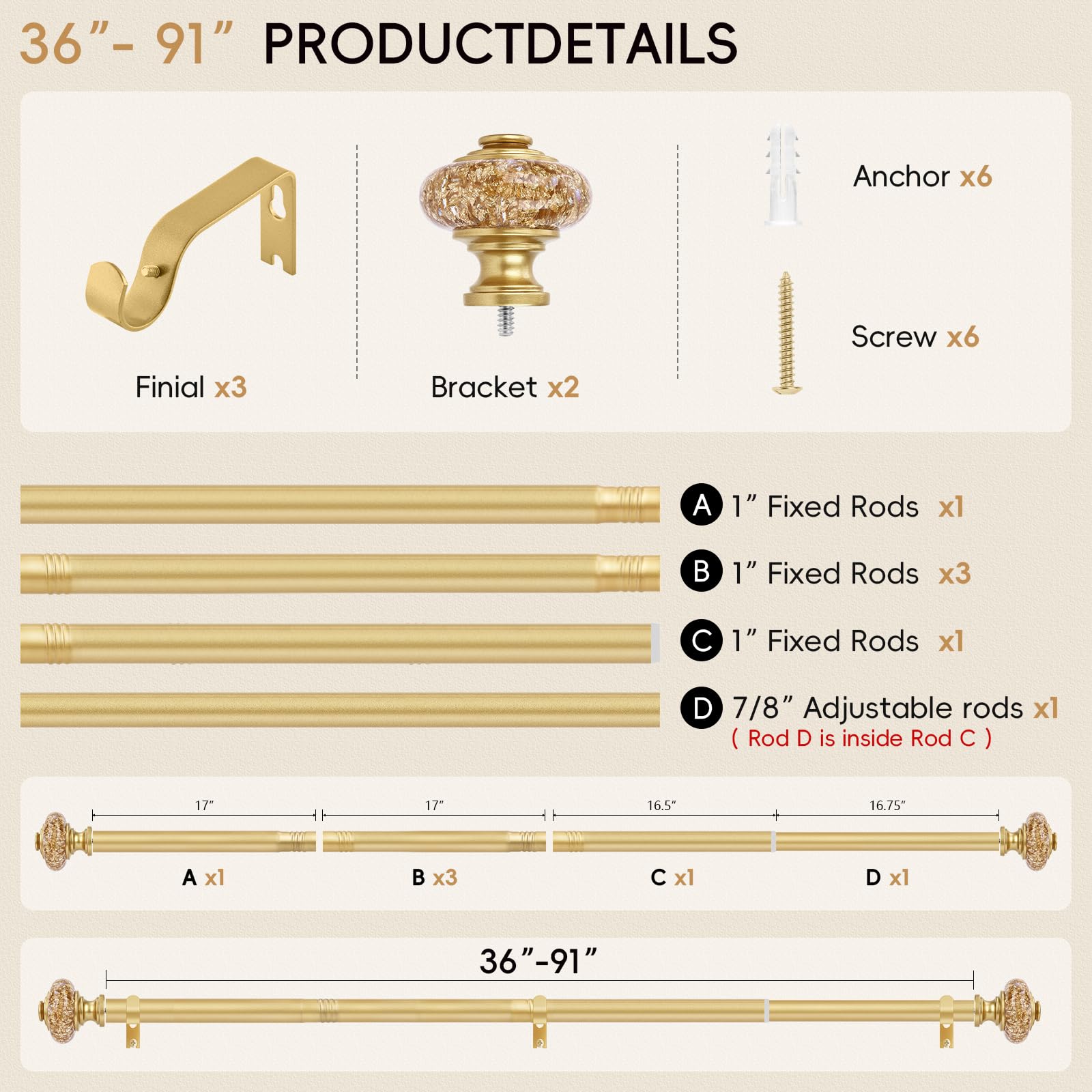 Gold Crystal Curtain Rod - 36-91 Inch, FREE SHIPPING -7 Gold Crystal Curtain Rod - 36-91 Inch, FREE SHIPPING -7