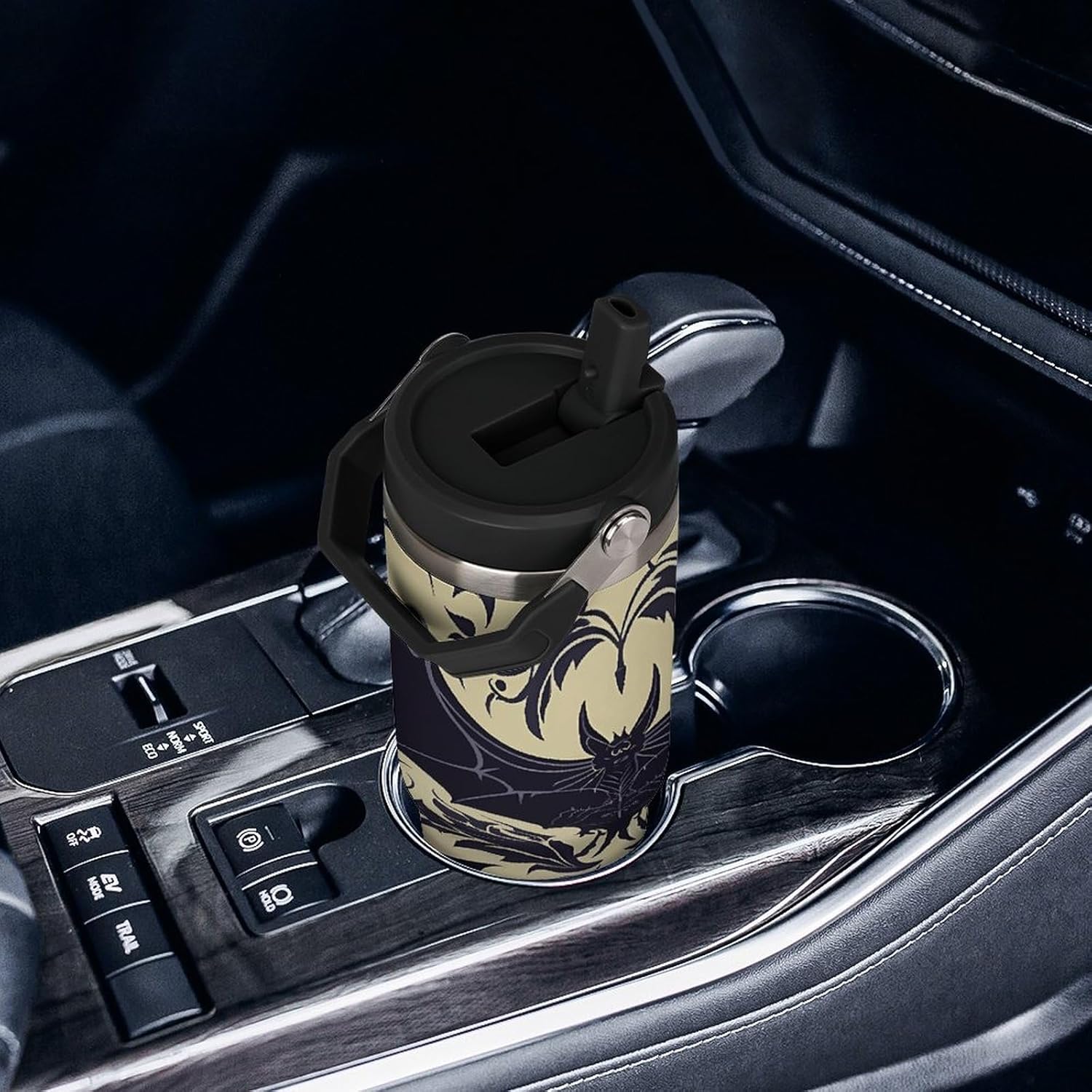 30oz Insulated Tumblers with Top Handle, Stainless Steel Bat Pattern Car Cup with Straw for Gift, Leak-Proof Double Wall Vacuum Travel Mug, Personalized Water Bottles Black