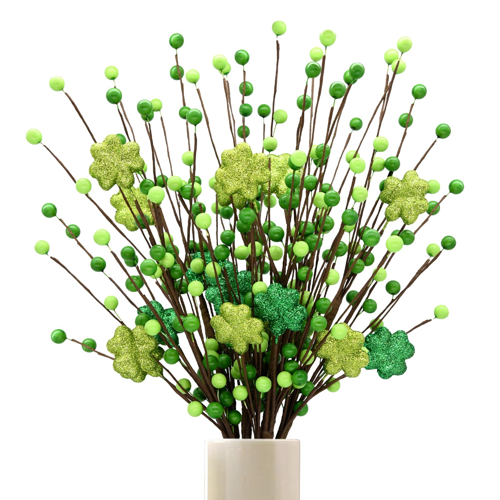 CRCZK 6 Pack Shamrock Berry Stems Decor, 24Inch Artificial Clover Stems for St. Patrick's Day Decorations, Festive Greenery St Patrick Berry Picks for Table Centerpieces and DIY Irish Holiday Crafts